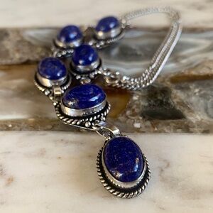 2326 Sleek Silver Necklace with Deep Blue Stones